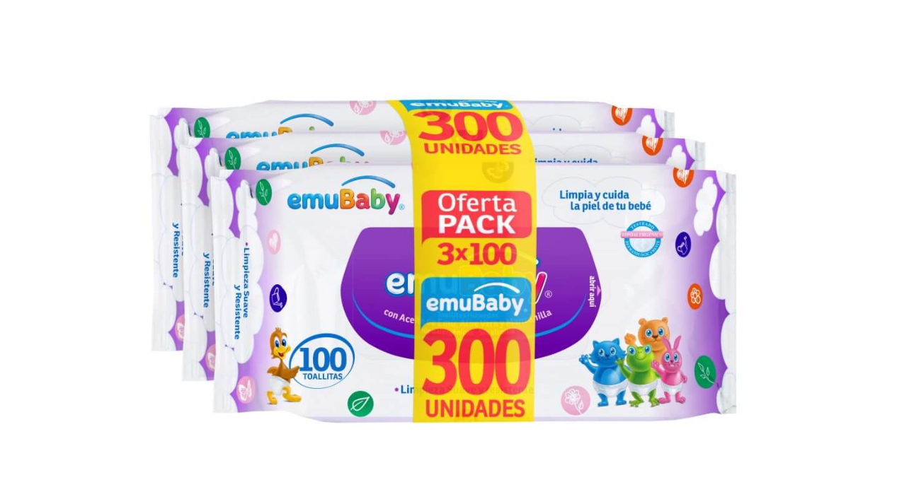 EMUBABY TOALLAS HUMEDAS 100 UNIDADES X 3 PAQUETES PACK