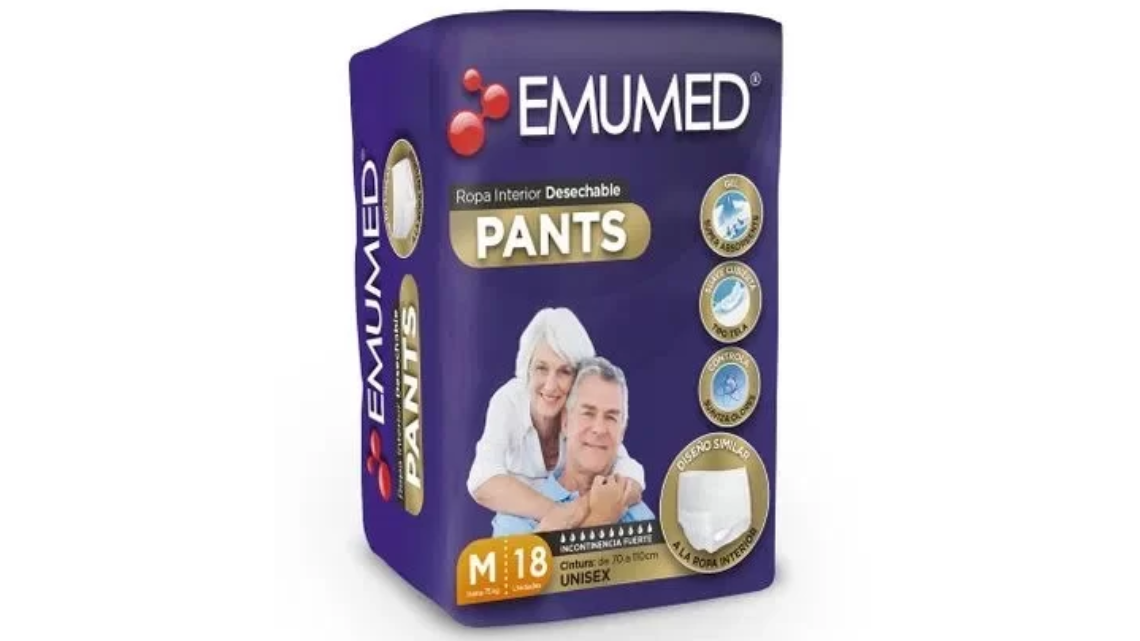 EMUMED PANTS PAÑAL ADULTO PREMIUM INCONTINENCIA FUERTE TALLA M X 18 UNIDADES