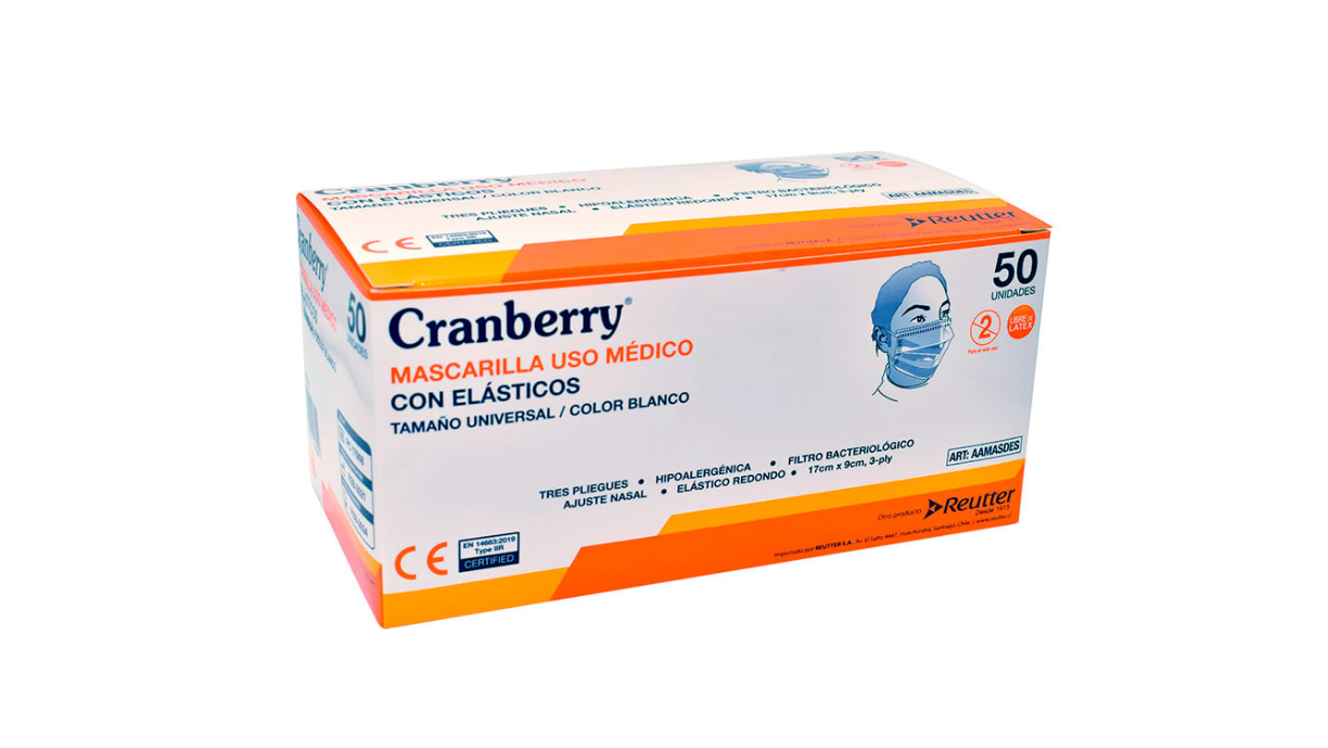 CRANBERRY MASCARILLA CON ELASTICOS UNIVERSAL COLOR BLANCO BFE 98% X 50 UNIDADES