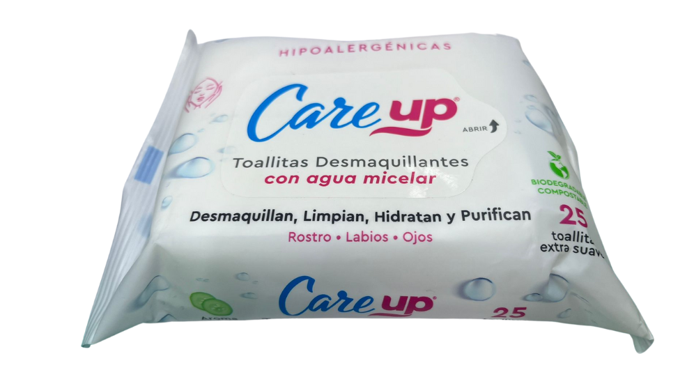 CARE UP TOALLITAS DESMAQUILLANTES CON AGUA MICELAR EXTRA SUAVE X 25 UNIDADES