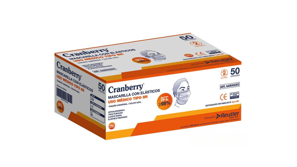 CRANBERRY MASCARILLA CON ELASTICOS UNIVERSAL COLOR AZUL BFE 98% X 50 UNIDADES
