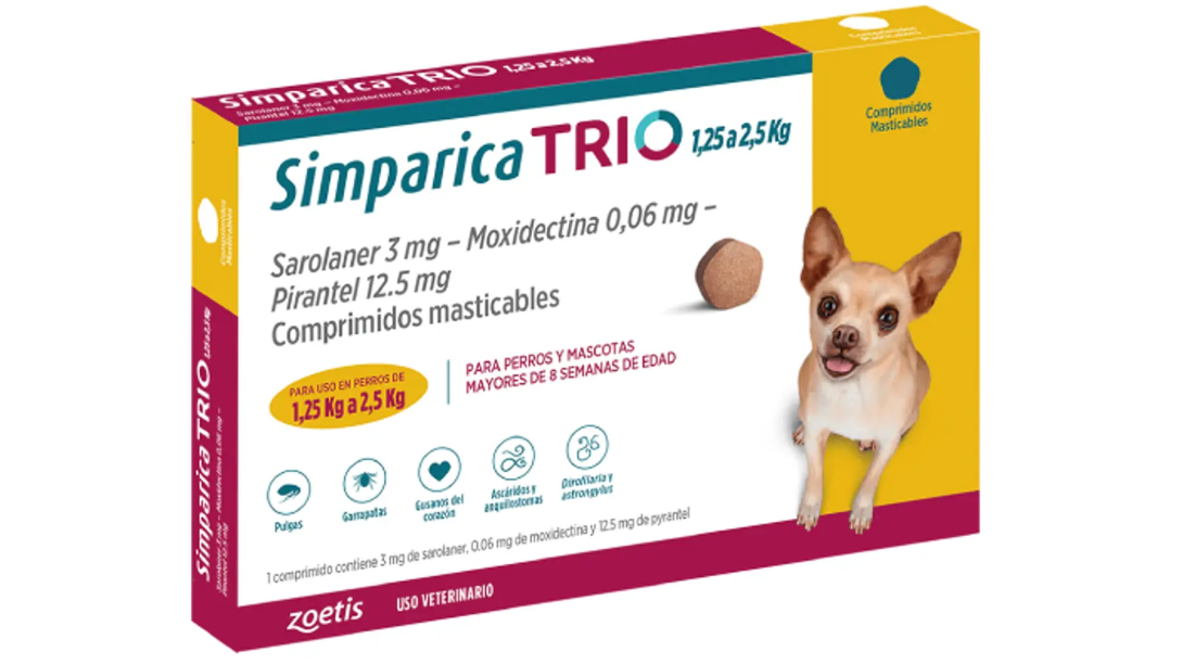 SIMPARICA TRIO 1,25 A 2,5 KG X 3 COMPRIMIDOS MASTICABLES