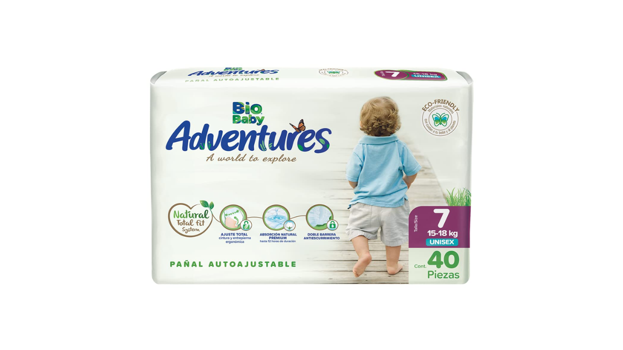 BIOBABY ADVENTURES PAÑAL AUTOAJUSTABLE ECOFRIENDLY TALLA 7 XXXG 15-18 KG X 40 UNIDADES