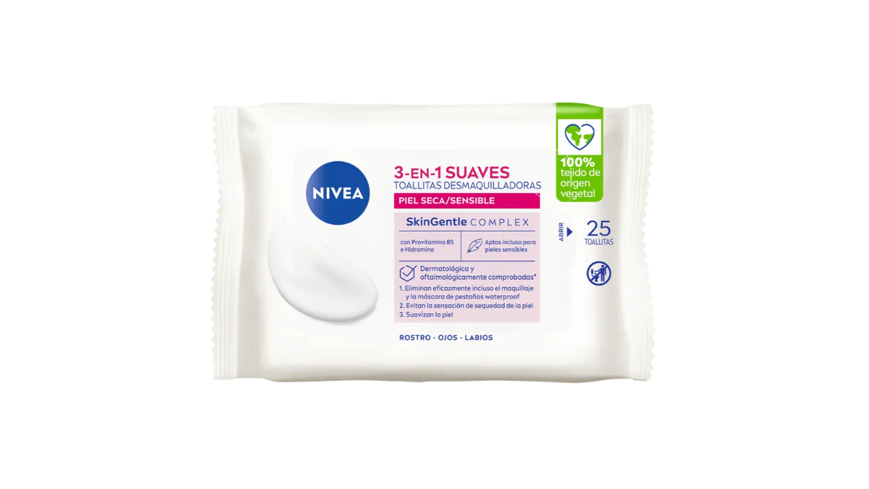 NIVEA TOALLITAS DESMAQUILLANTES BIODEGRADABLES PIEL SECA PARA ROSTRO OJOS LABIOS X 25 UNIDADES