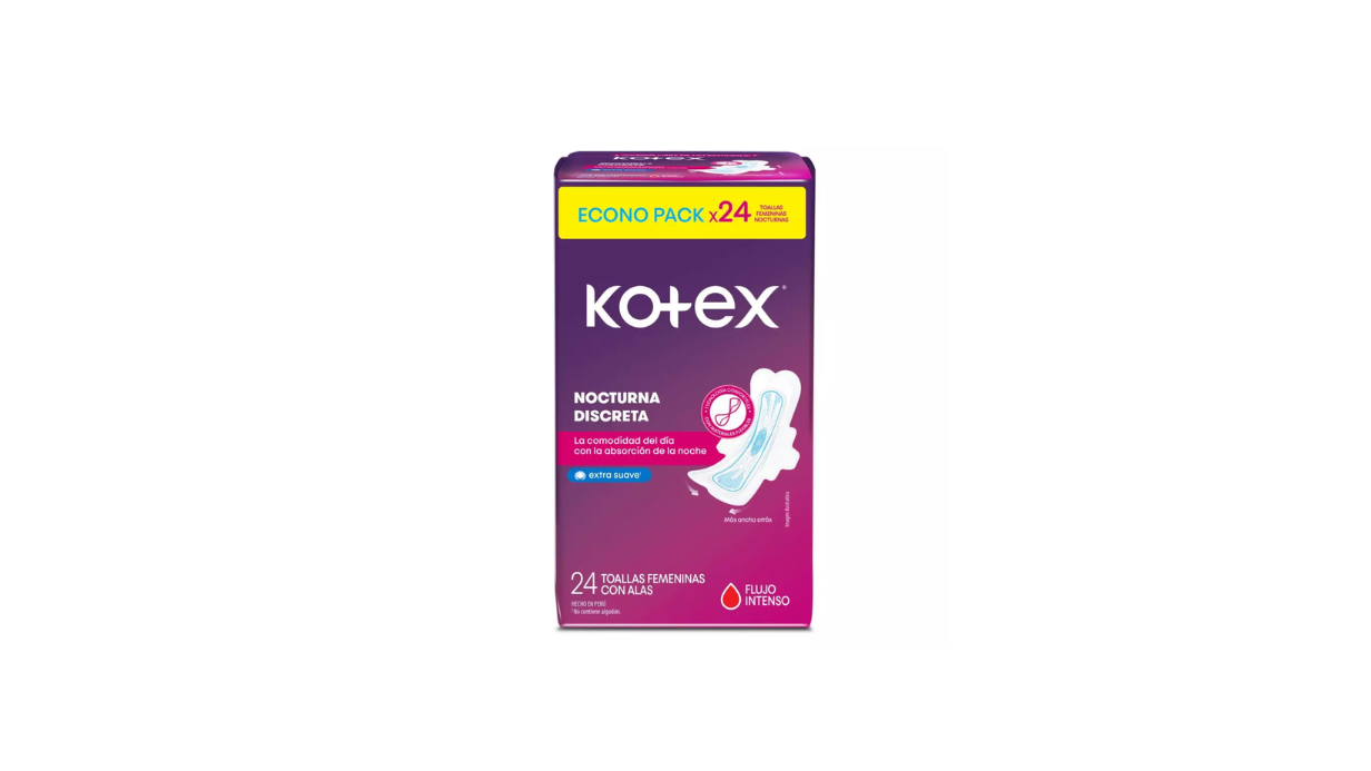 KOTEX NOCTURNA DISCRETA FLUJO INTENSO X 24 TOALLAS HIGIENICAS FEMENINAS