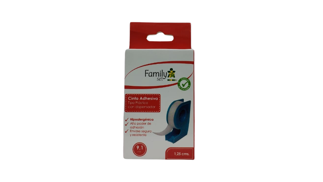 CINTA ADHESIVA TIPO PLASTICO CON DISPENSADOR 1,25CM X 9,1 MTS FAMILY SET