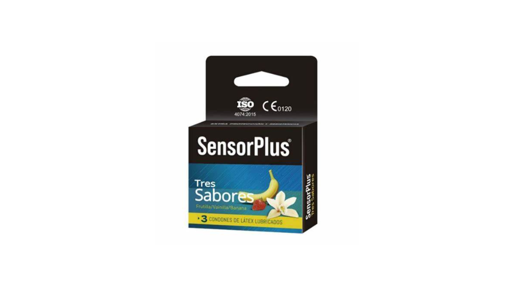 PRESERVATIVOS SENSOR PLUS TRES SABORES FRUTILLA/BANANA/VAINILLA CONDONES DE LATEX LUBRICADOS X 3 UNIDADES 