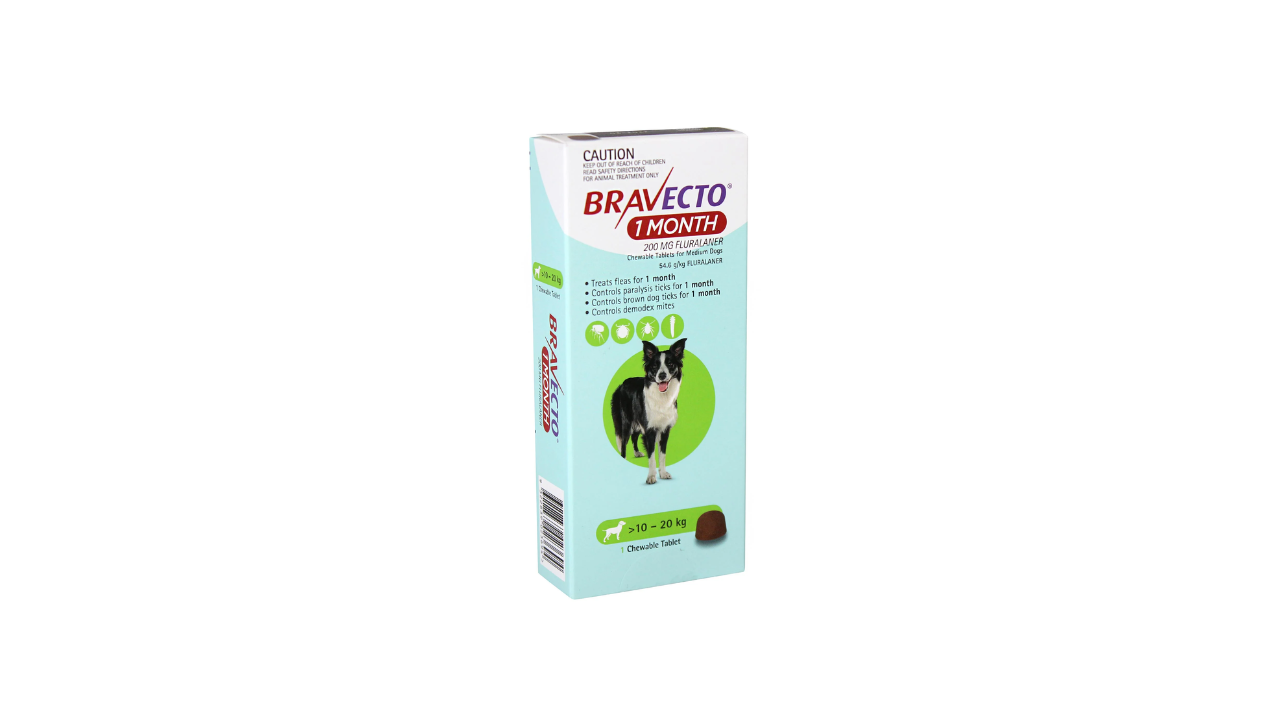 BRAVECTO 1M FLURALANER 200 MG PERROS 10 - 20 KG X 1 TABLETA MASTICABLE