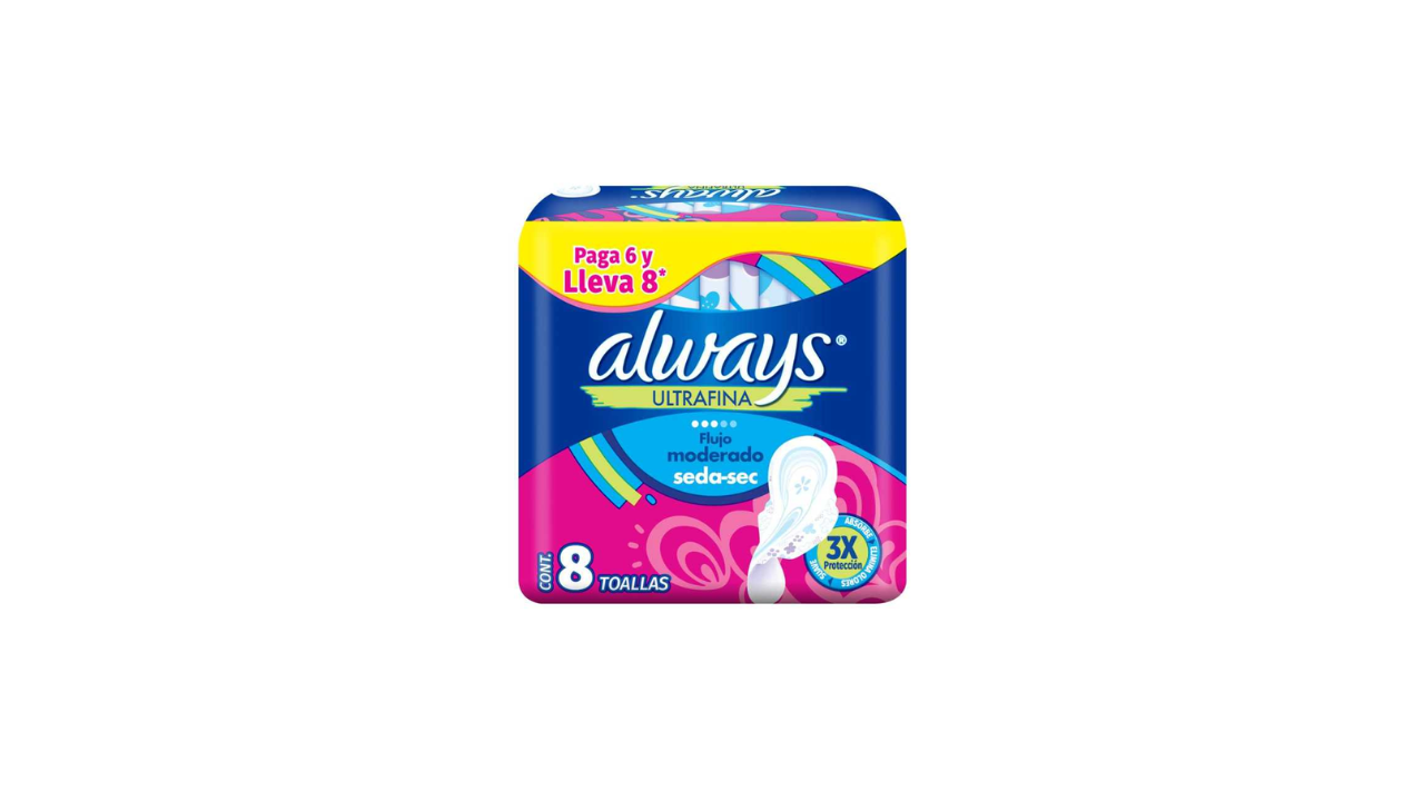 ALWAYS TOALLA ULTRAFINA SECA C/ALAS FLUJO MODERADO X 8 UNIDADES