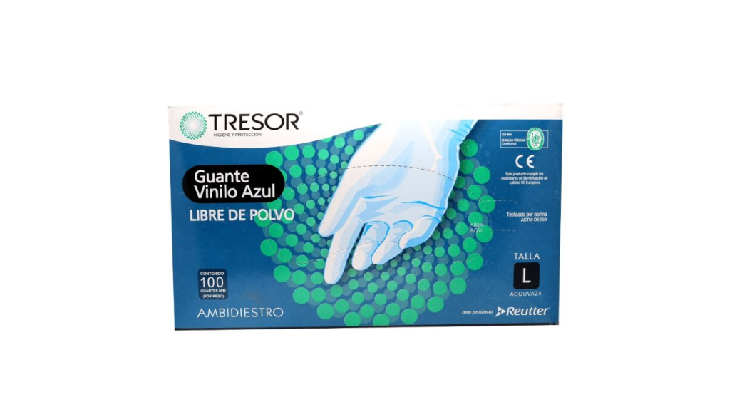 GUANTE EXAMEN VINILO TALLA L TRESOR X 100 UNIDADES