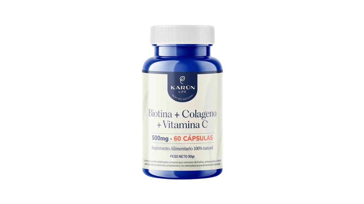 BIOTINA + COLAGENO + VITAMINA C 500 MG SUPLEMENTO ALIMENTARIO X 60 CÁPSULAS KARUN LIFE