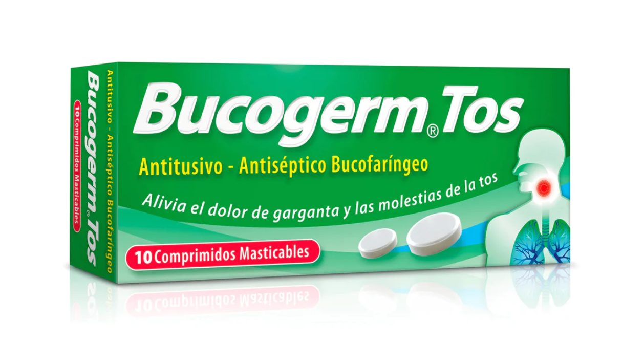 BUCOGERM TOS ANTITUSIVO ANTISEPTICO BUCOFARINGEO CLOHERXIDINA DICLORHIDRATO + NOSCAPINA 5MG/10MG X 10 COMPRIMIDOS MASTICABLES MINTLAB