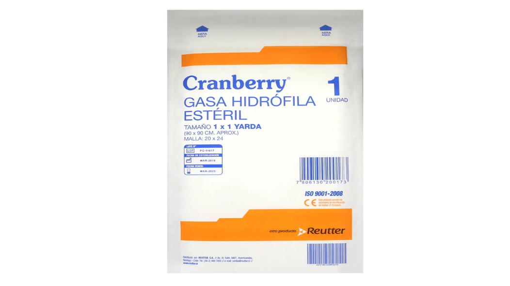 CRANBERRY GASA HIDROFILA ESTERIL 1 X 1 YARDA X 1 UNIDAD