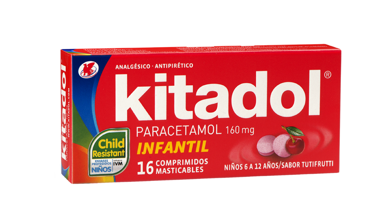 KITADOL INFANTIL PARACETAMOL 160MG X 16 COMPRIMIDOS MASTICABLES LABORATORIO CHILE